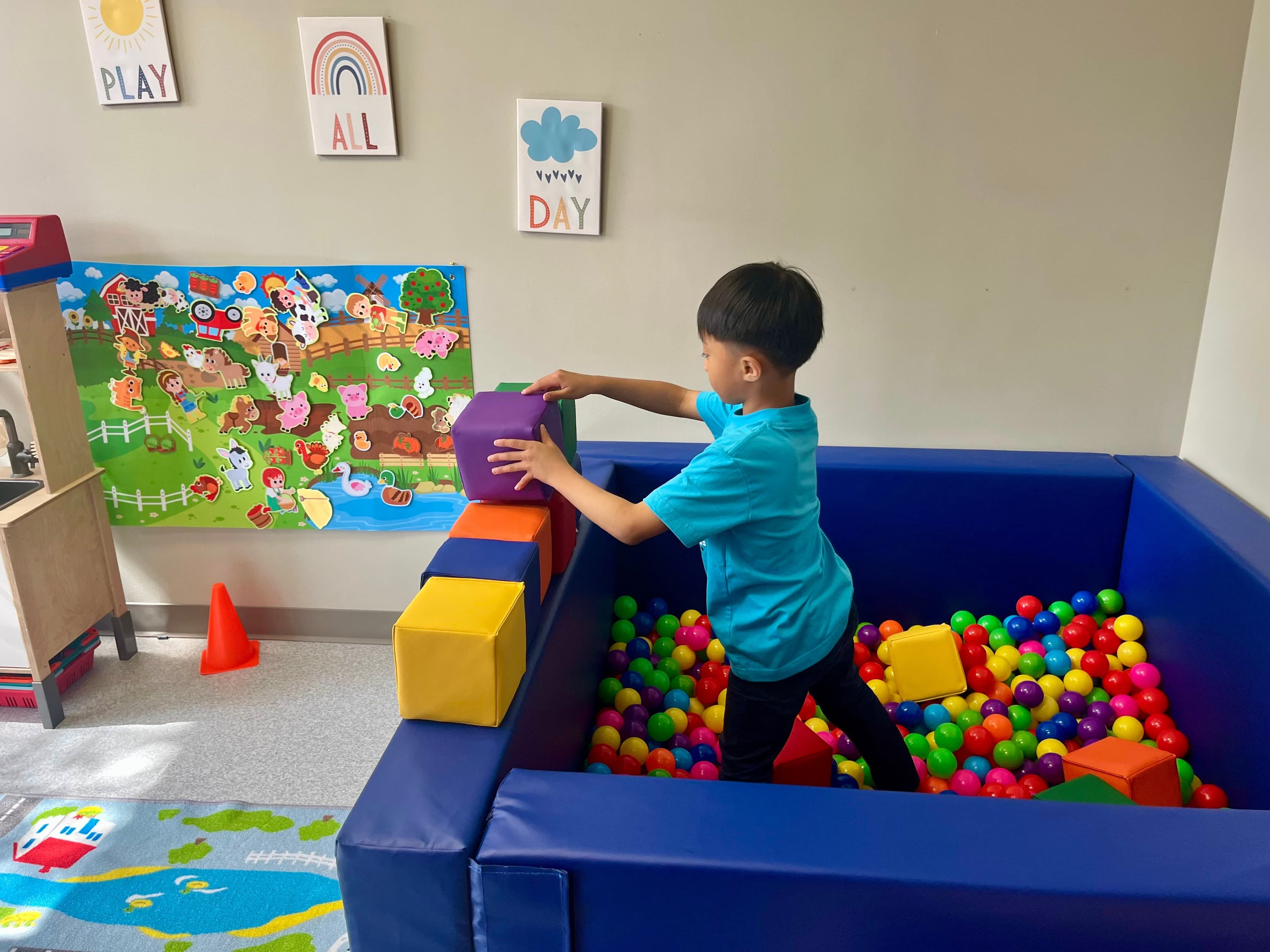 A boy standing in the ball pit and stacking soft foam blocks along its edge, with a farm play board on the wall behind.