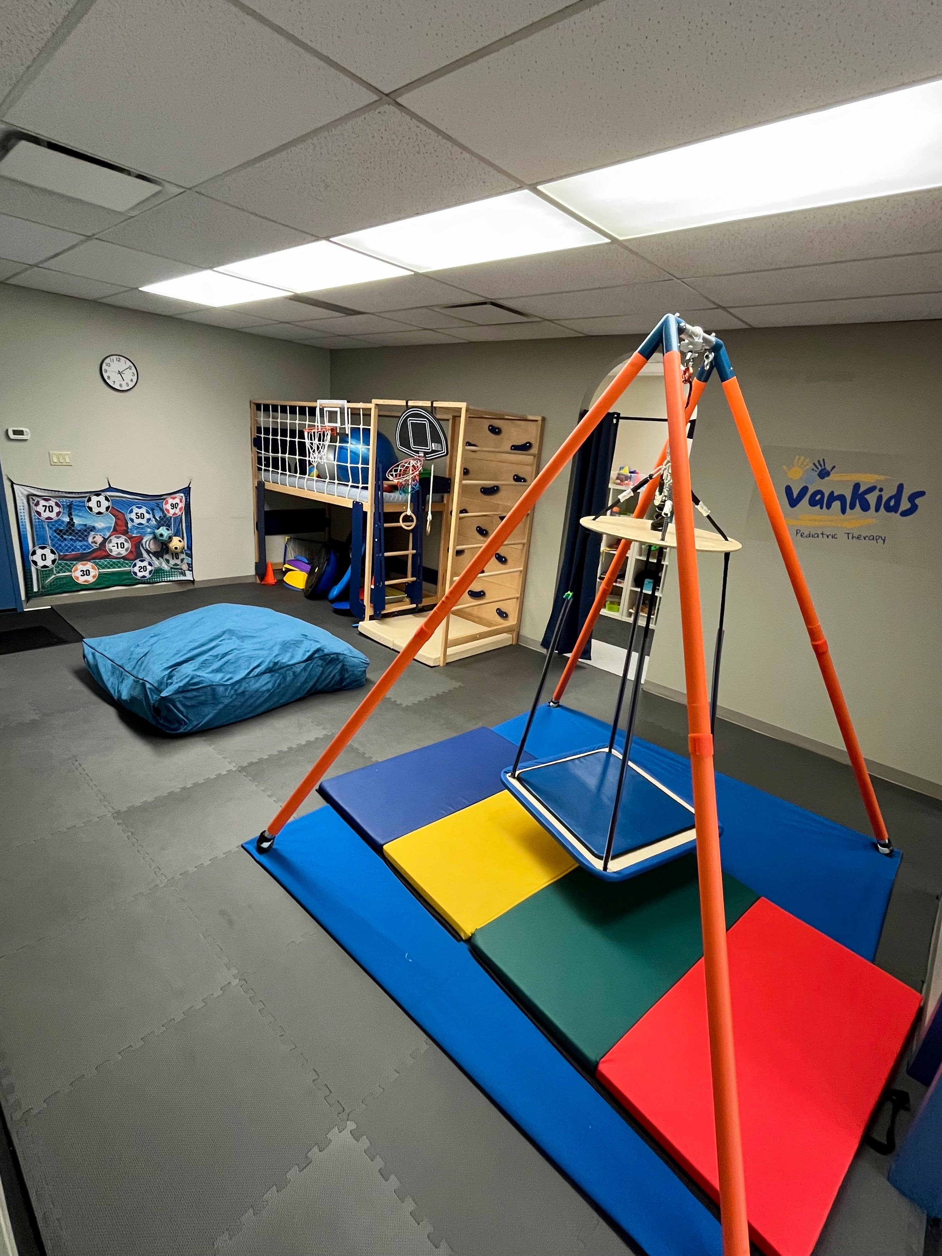 The clinic's gross motor room, with a platform swing over crash mats, a wooden climbing frame with a basketball hoop, a soccer target and the VanKids logo on the wall.